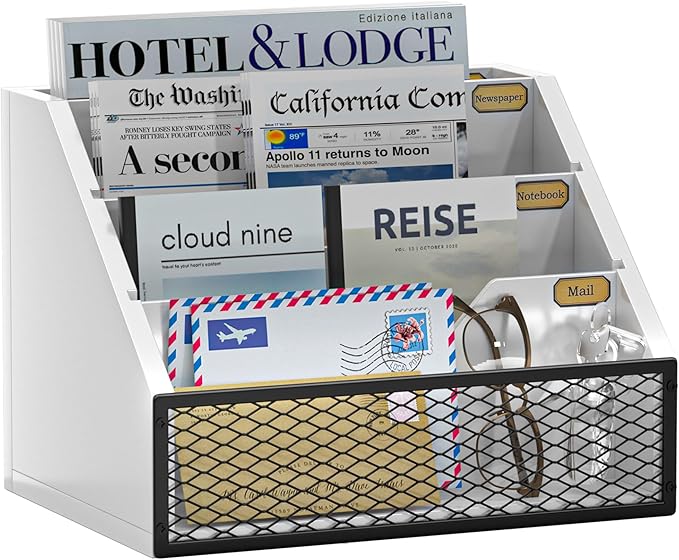 Mail Organizer Countertop,Wooden Mail Holder,4 Slot Letter Holder for Desktop,Vintage Desk Orgaizer for Fill,Bill (White)