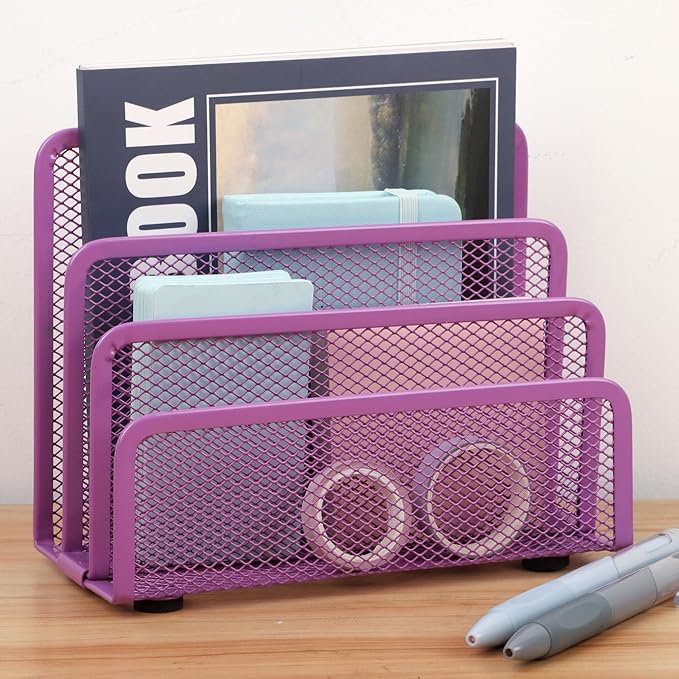 EASEPRES Desk Mail Organizer, Office Small Desktop Metal Mesh Envelope Letter Sorter Paper File Holder Organizer with 3 Vertical Upright Compartments, Purple 2 Pack