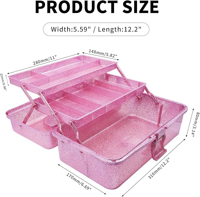 12.2inch 3-Layer Art & Craft Tool Storage Box, Beautiful Sewing Supplies Organizer, Plastic Portable Fishing Tackle Boxes, for Art Supply, Makeup, Hair Accessories, Painting Tools (Pink)