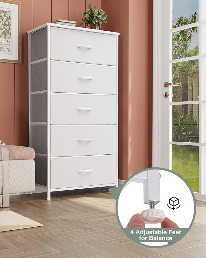 Crestlive Products Tall Dresser for Bedroom Vertical Storage Tower - Wide Fabric Dresser & Chests of Drawers for Closet, Hallway, Entryway w/Wood Top, Easy Pull Fabric Bins - 5 Drawers(White)