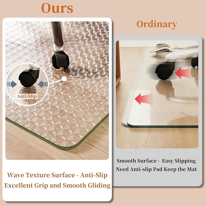 Koonmi Wave Glass Chair Mat 36"x46", Tempered Glass Office Chair Mat, Embossed Wave Pattern Chair Mats with Rounded and Polished Edges for Hardwood Floor, Carpet, Support 1200lbs