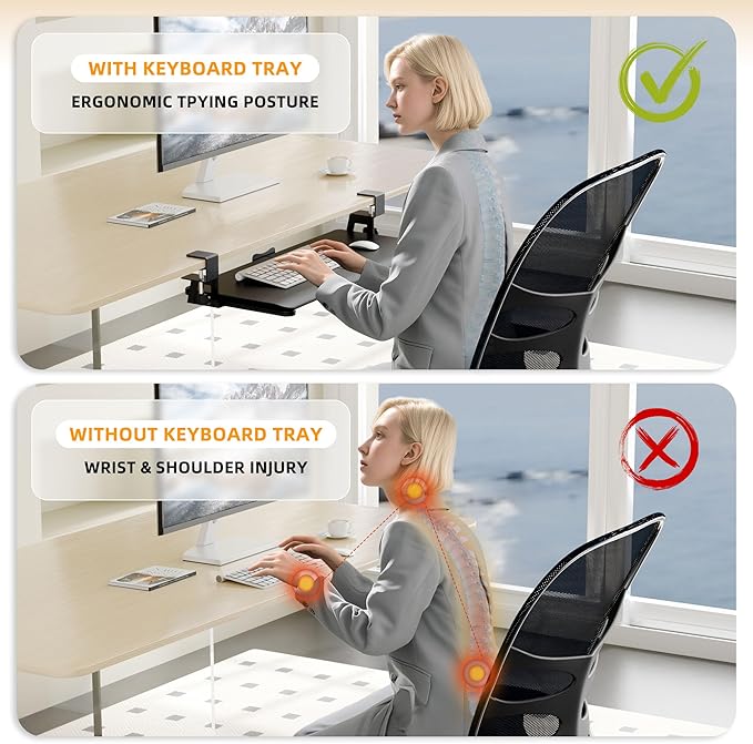 ERGOMAKER Keyboard Tray Under Desk, Pull Out Keyboard Tray with C Clamp Mount, 25.6" (29.7" Including Clamps) x 11.8" Slide-Out Platform Computer Drawer for Typing, Keyboard & Mouse Tray, Black