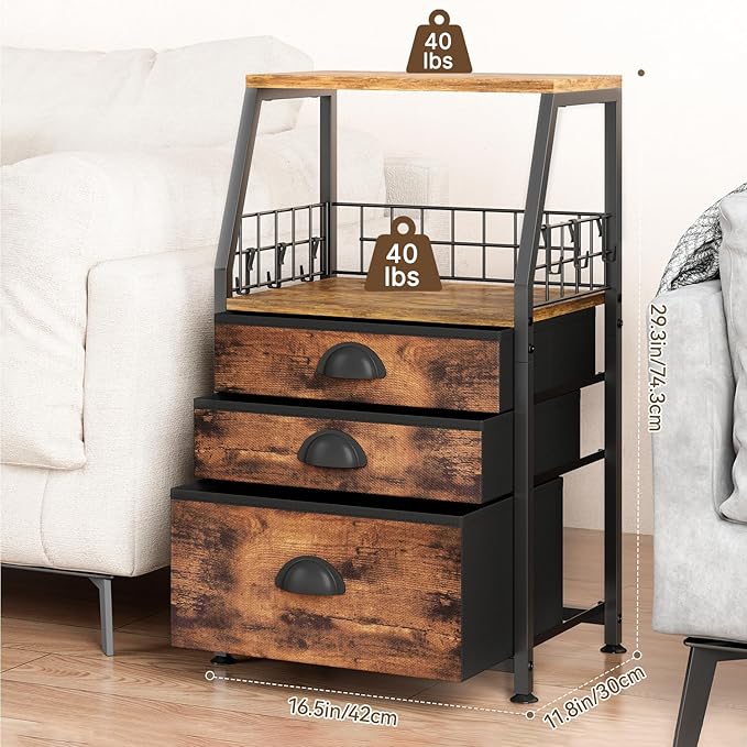 LASZOLA 3 Fabric Drawers Organizer Tower with 6 Hooks and 2 Shelves, Small End Side Table for Printer with Chest of Files Drawers, Ideal for Bedroom Living Room Office Dorm Under Desk, Rustic Bronze