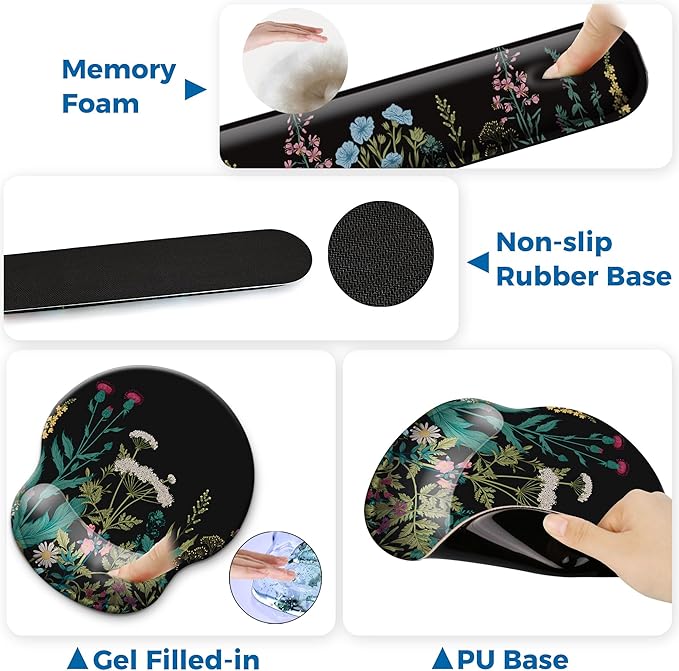 Mouse Pad and Keyboard Wrist Rest Support, with Non-Slip PU Base,Gel Mouse Pad with Coaster,Pain Relief for Gaming, Computer,Office -Flowers
