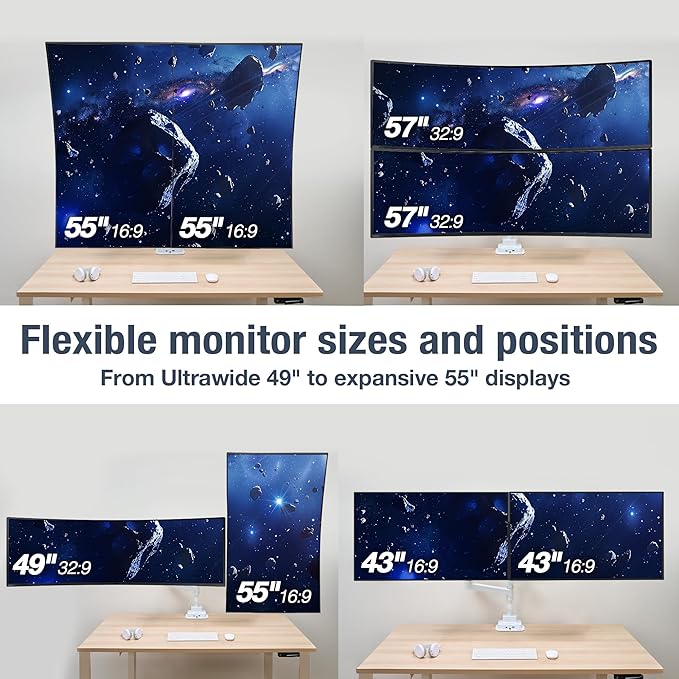 AVLT Dual 57 Inch Heavy Duty Stacking Monitor Arm Pole Top Mount With USB-C USB-A Ports-White, Height Adjustable, Easy Install Top C-Clamp/Grommet With Reinforcement Plates, VESA Compatible 200/100/75