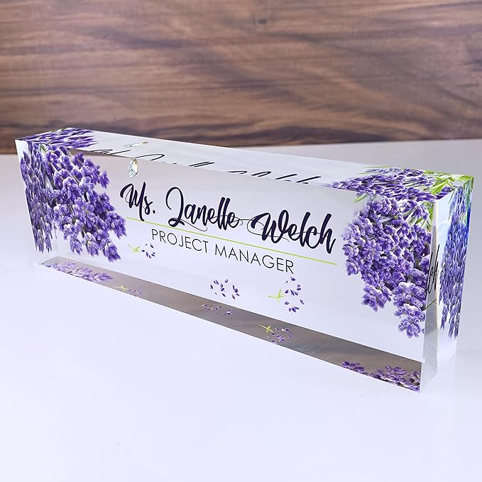 Artblox Personalized Name Plate for Desk | Lavender Design On Clear Acrylic Glass | Custom Desk Name Plate Personalized with Your Name and Credentials for Teacher Phd Military Office Name Plate