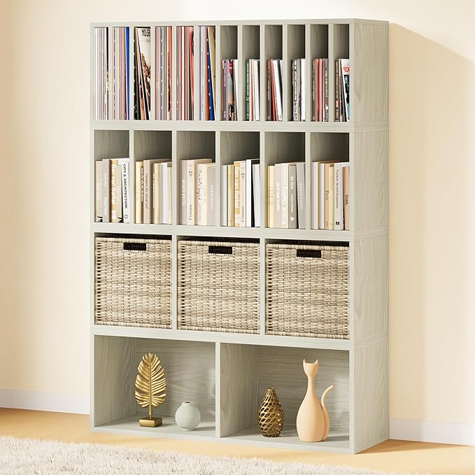 IOTXY DIY Modular Cube Bookcase - CubeXY Customizable Stackable Expandable Combination Set, 23-Cube Open Bookshelf for Books, Fabric Storage Bin, and Vinyl Record Organizer, Oak