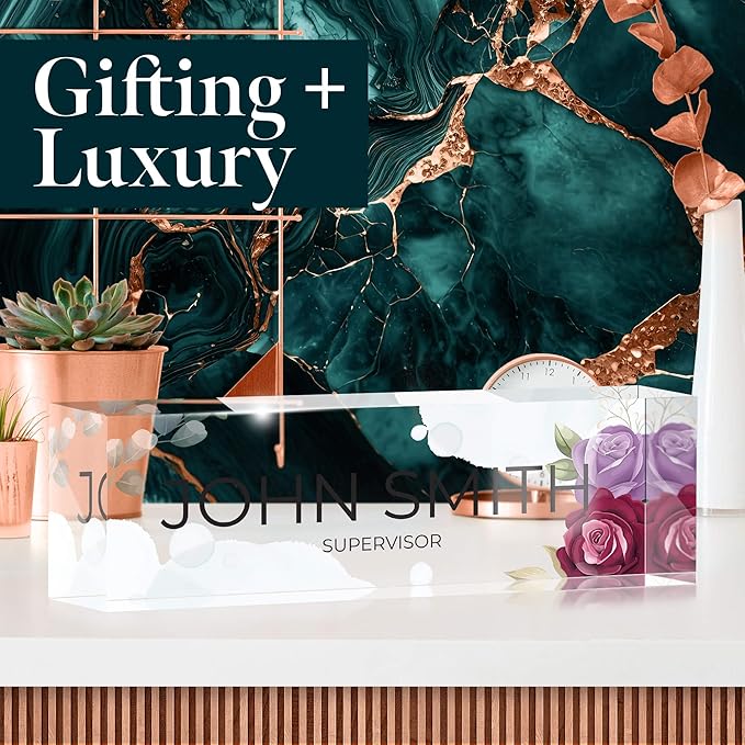 Desk Name Plate Personalized, Custom Name Plates 2½/x8 Inches, Thick Crystal-Clear Acrylic, Gift Box, Office Desk Decor. USA Made by ACRYLUXE (Flower)