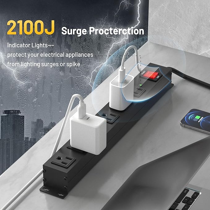 KF 6 Outlets Heavy Duty Power Strip with 2100J Surge Protection and 15A Circuit Breker,6 Wide-Spaced Outlets in Metal Housing,Wall Mount with 8FT Extension Cord for Organized Home,Office,Garage
