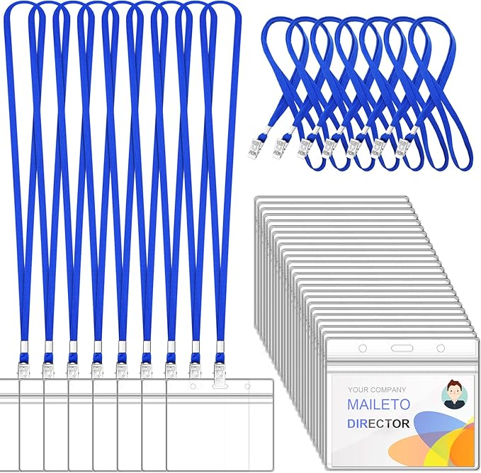 100Pcs Lanyards for Id Badges and 100 Pcs Clear Plastic Horizontal Name Badge ID Card Holders, Flat Neck Lanyards with Clip Waterproof Resealable Name Tag Badge ID Card Holders, Blue