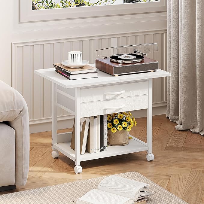 Large Printer Stand with Storage Fabric Drawer Under Desk Printer Table with Wheels for Home Office, Printer Cart fit Fax Machine Scanner 23.4"x15.7" (White, 2 Tiers)