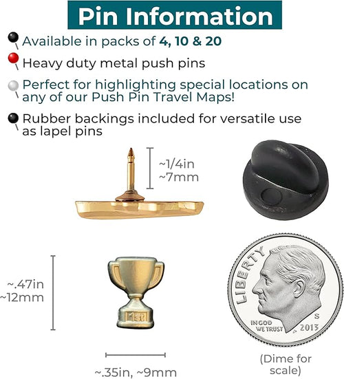 1st Place Trophy Push Pins - Gold First Place Trophy Map Pins for Cork Boards, Maps, or Lapel Use - Designed in USA - Set of 20
