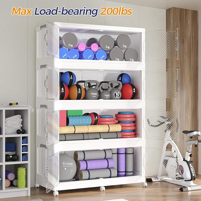 1200QT Extra Large Stackable Storage Bins with Lid, 300Gal Plastic Closet Organizers and Storage Drawer, Collapsible Cabinet Box with Wheels Clear Doors for Home Kitchen Office, 5Pack White