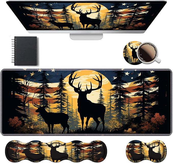 Ergonomic Keyboard Wrist Rest & Mouse Pad Wrist Rest Set, Large XXL Gaming Desk Mat 31.5"x 11.8" with Memory Foam, Easy Typing Pain Relief for Office & Home, American Flag Jungle Deer