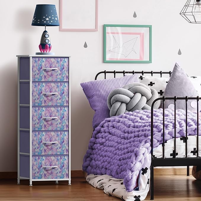 Sorbus Fabric Dresser for Kids Bedroom - Chest of 5 Drawers, Tall Storage Tower, Clothing Organizer, for Closet, for Playroom, for Nursery, Steel Frame, Fabric Bins - Wood Handle (Tie-dye Purple)