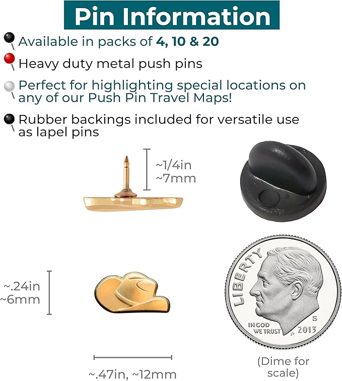 Cowboy Hat Push Pins - Gold Cowboy Hat Map Pins for Cork Boards, Maps, or Lapel Use - Designed in USA - Set of 4