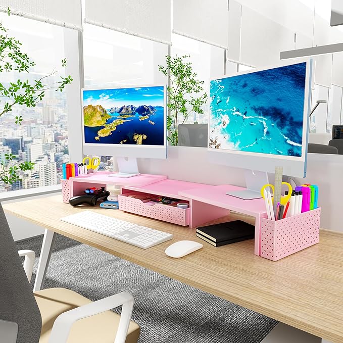 Spacrea Metal Desk Organizers and Accessories, Dual Monitor Stand Riser with Drawer and 2 Pen Holders, Desk Accessories & Workspace Desktop Organizers for Office Supplies (Pink)
