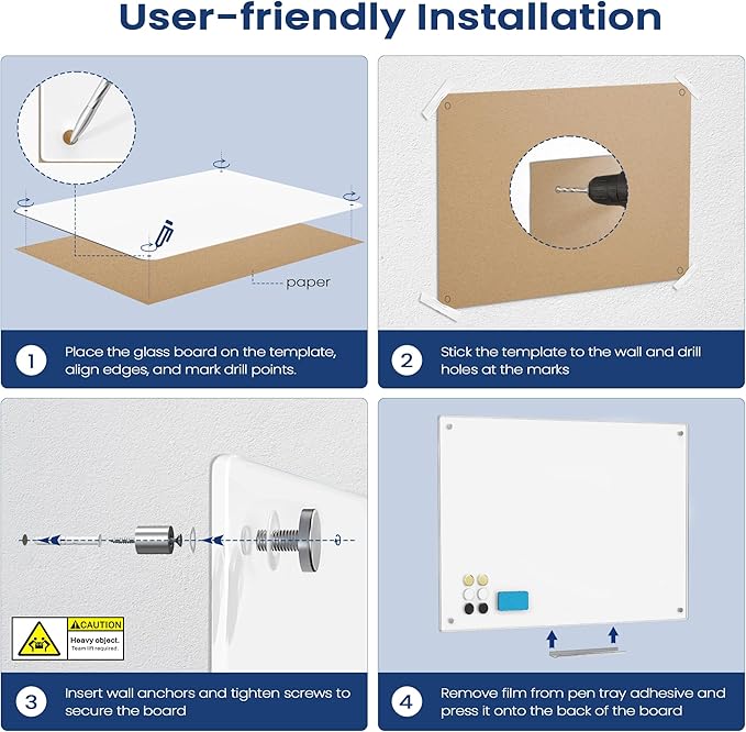 0.3mm Reinforced Metal Backing Glass White Board for Wall, 96" x 48" Extra Large Magnetic Pure White Tempered Glass Board with Frameless Design, 8' x 4' Dry Erase Board for Home, Office