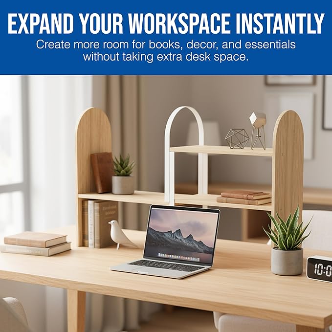Maplefield Desk Hutch Expandable Shelf Organizer, Natural Finish, Engineered Wood Desktop Storage Rack for Office, Dorm, or Home – Adjustable Over Desk Bookshelf for Supplies, Decor & Accessories