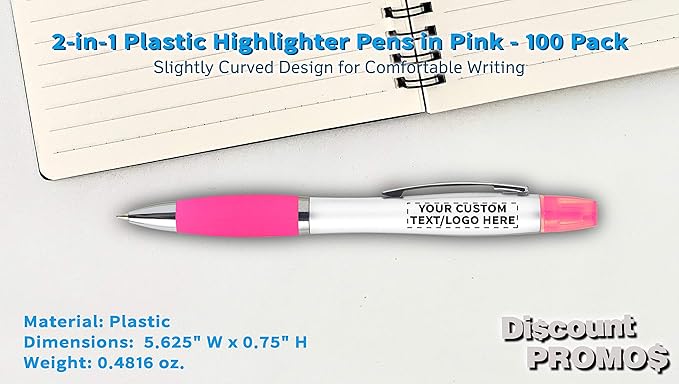 DISCOUNT PROMOS Personalized Plastic Highlighter Pens - 100 pack - Customizable Text, Logo - Pink