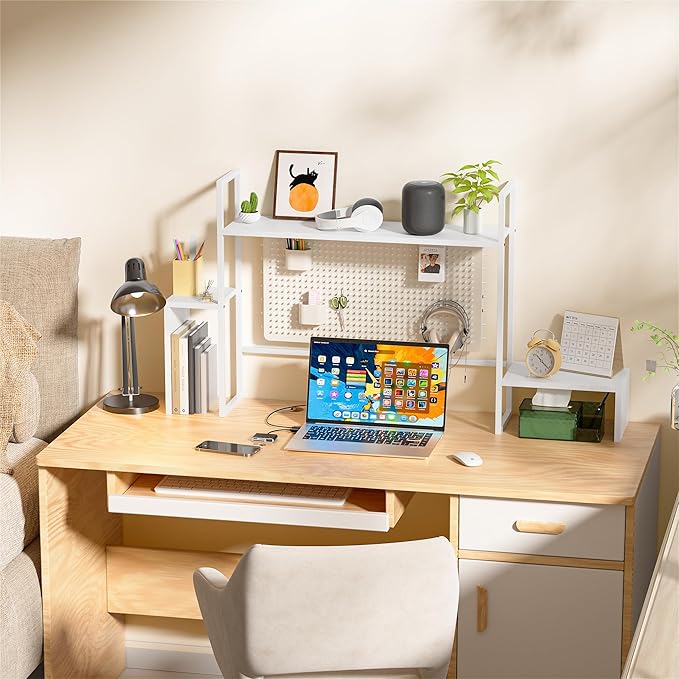 WelFurGeer LED Desk Shelf Organizer with RGB Light Strip, 2-Tier Desktop Shelf for Computer Monitor, Sturdy Metal Frame & Wood Shelves - Desk Hutch Bookshelf for Home Office, Dorm, Gaming (White)