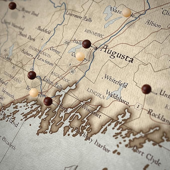Push Pin Maine Map Board - With Push Pins to Mark Maine Travel - Handmade in Ohio, USA - Design: Rustic Vintage