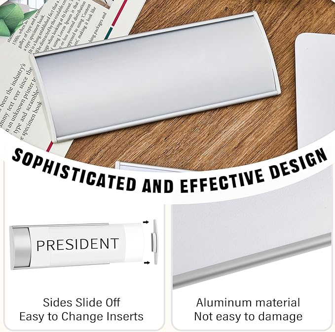 Therwen 25 Pcs Aluminum Office Name Plate Holder for Door Wall Mount 8'' x 3'' Business Sign Holder Office Door Sign Sturdy Curved with Plastic Film and Adhesive Tape (Silver)
