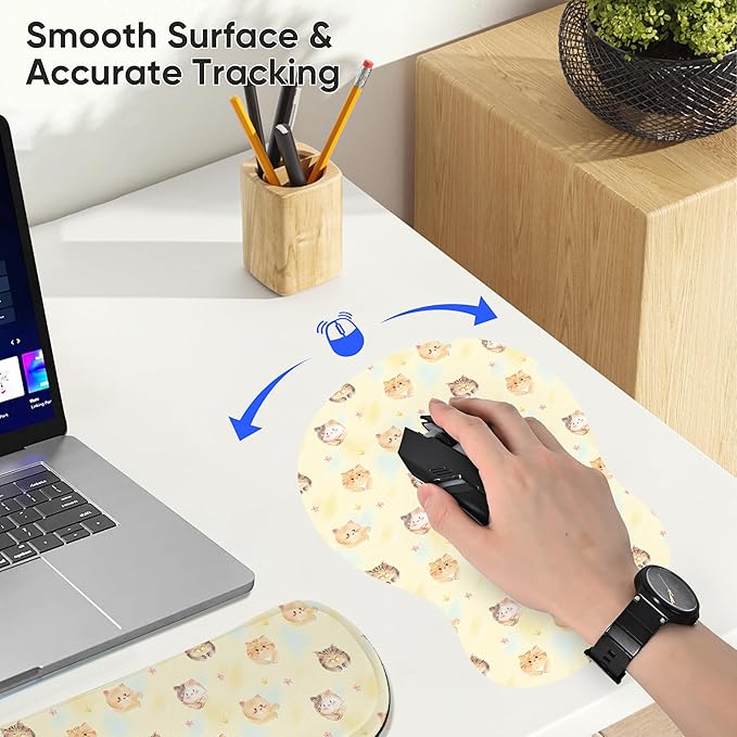 Wrist Rest Support for Mouse Pad Keyboard Set Circle Coaster Gaming Mouse Pad Ergonomic Gel Memory Foam Set for Computer, Laptop, Office, Pain Relief, Comfortably Typing Cat KM-35