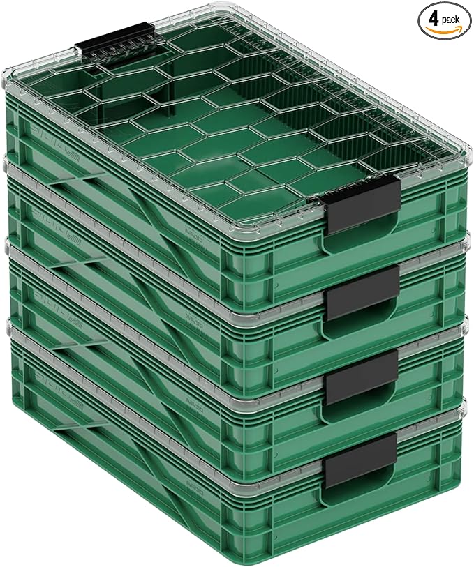 SIDIO Quarter Crate 4 Pack of Stackable Storage Bins - Organizer Bins with Dividers for Garage Organization, Home Storage - Heavy Duty Plastic Containers - 19.16” x 12.75”x 4.57” (Optic Green)