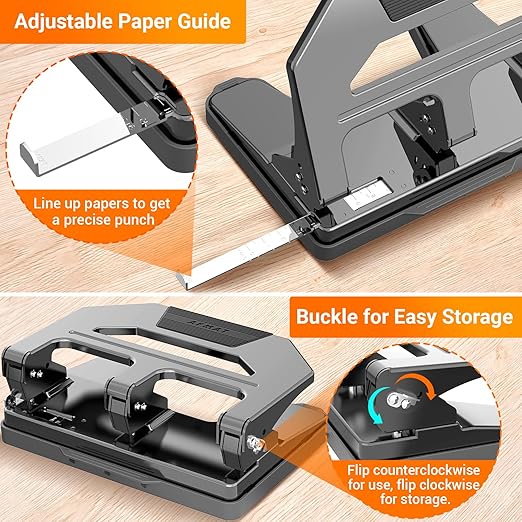 AFMAT Heavy Duty 3 Hole Puncher, 40-Sheet Paper Punch Heavy Duty, 50% Reduced Effort Three Hole Punch, 10K+ Uses, Metal Hole Puncher 3 Ring w/Large Tray, Bulit-in S.S. Paper Guide, Gray