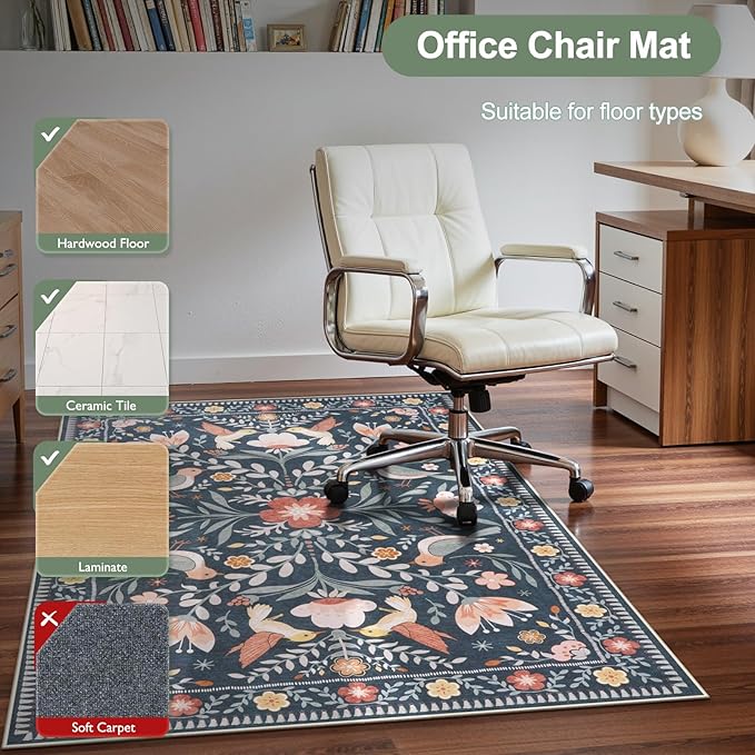 Anidaroel 36"x48" Office Chair Mat for Hardwood Floor, Black Floral Computer Chair Mat, Anti-Slip Vintage Under Desk Rug for Office, Low Pile Bird Bug Office Rugs for Rolling Chairs