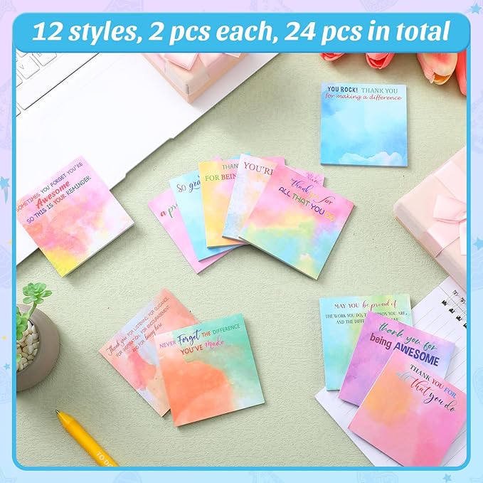 Yinder 24 Pcs Employee Appreciation Sticky Notes New Year Gift Bulk Motivation Sticky Note Pads Inspirational Gift for Teacher Nurse Staff Coworker Office Supply 3 x 3'' (Appreciation,Watercolour)