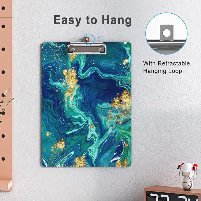 Clipboard Wood Design Decorative A4 Letter Size Clip Boards for Classroom Office, Standard Size 9" x 12.5" with Low Profile Metal Clip - Blue Gold Marble