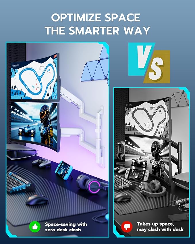 ARES WING Dual Monitor Wall Mount for 24-57 Inch Ultrawide Screens, Premium Heavy Duty Monitor Arm Holds 60 lbs, Full Motion Gas Spring, Bearing Head for Easy Adjustment, 75/100 VESA Mount, White