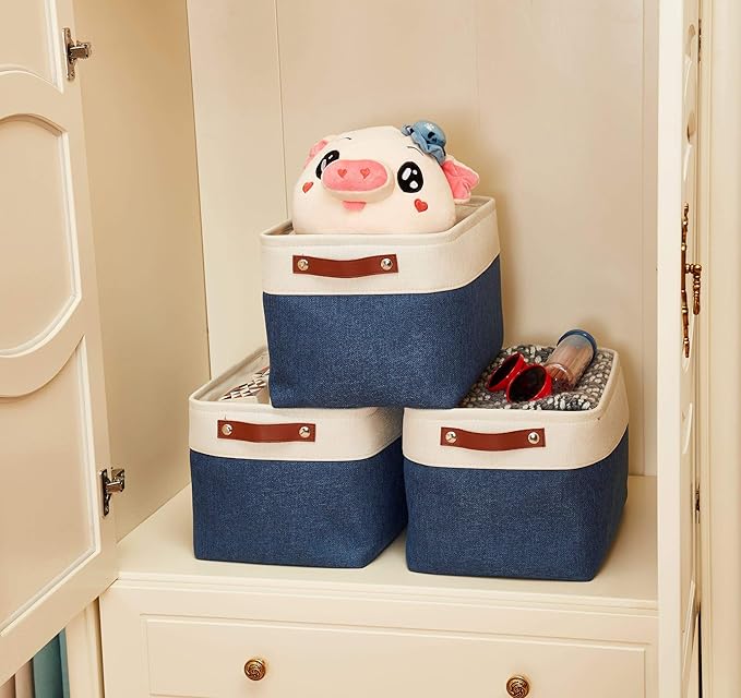 DECOMOMO Storage Baskets for Shelves - Fabric Storage Bins, Linen Closet Organizers and Storage (Navy Blue & White, XL - 3 Pack)