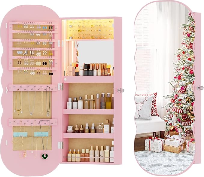 HNEBC LED Mirror Jewelry Cabinet,Wall or Door Mounted Jewelry Armoire Organizer with Lights,Lockable Wide Wavy Mirror with Storage,42.5" L Full Length Mirror with Jewelry Storage,Interior Mirror