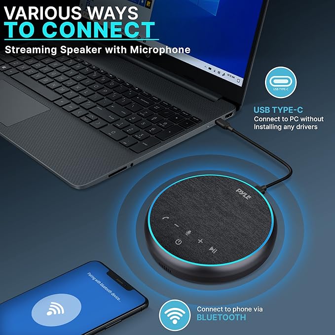 PyleUsa Conference Speaker Bluetooth Speakerphone - Multipurpose Conference & Streaming Speaker,Noise Canceling Swiss Immersive Crisp Voice Pickup for Office,Travel,Home, w/USB-C,Aux Cables - PSCN42