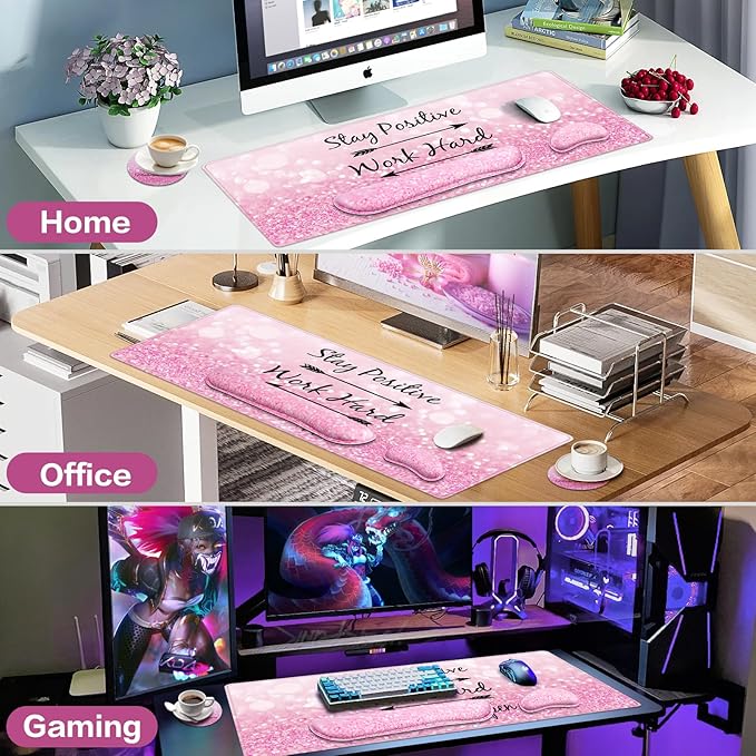 Mousepad Pink, Mouse Pad with Wrist Rest, 4-in-1 Large Mousepad+Keyboard Wrist Rest+Mouse Pad Wrist Support+Cup Pad Set,Ergonomic Mouse Pad,Anti-Slip,Memory Foam Desk Mat for Women Office Gaming