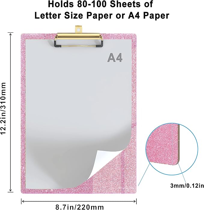 Glitter Acrylic Clipboard Decorative Standard A4 Letter Size 12.2" x 8.7", Fashion Bling Clip Boards with Designed Low Profile Gold Clip for Classroom Office - Warm Pink