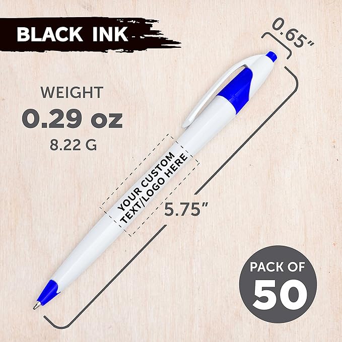 DISCOUNT PROMOS Custom Slim Curvy Ballpoint Pens Set of 50, Personalized Bulk Pack - Black Ink, Retractable, Great for Office, School, Tradeshows - Blue Black