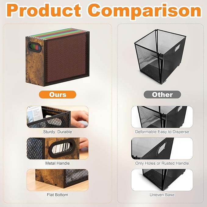 Piskyet Wooden Hanging File Organizer for desk, Metal Mesh File Folder Organizer Crate Cabinet Storage Box with Handle for Home Office Desk,Letter - Size,Rustic Brown