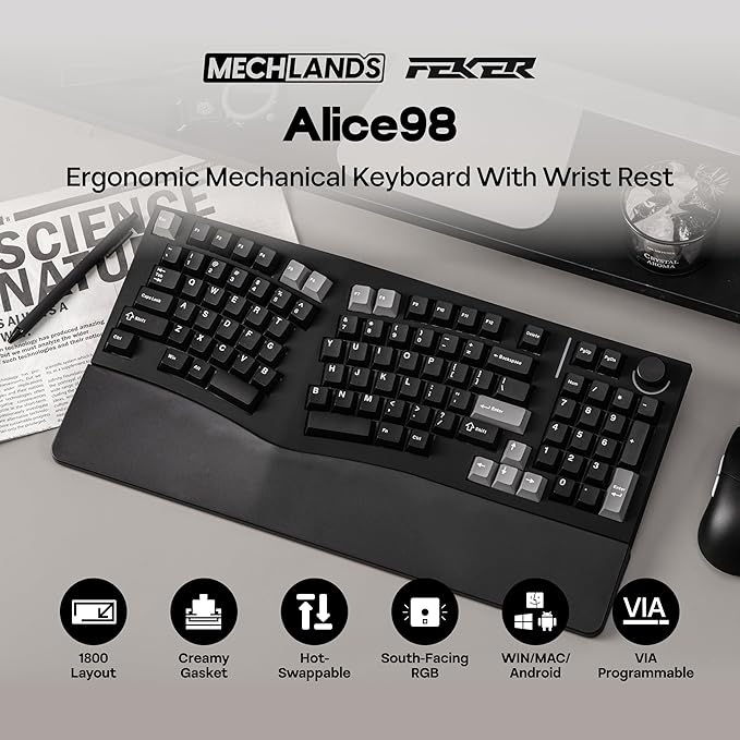 MechLands Feker Alice98 Ergonomic 98 Keys Custom Mechanical Keyboard, VIA Programmable, USB-C Wired Gaming Keyboard, Hot Swappable, 5 Layer Paddings, Control Knob, NKRO, RGB for Win/Mac (Black)