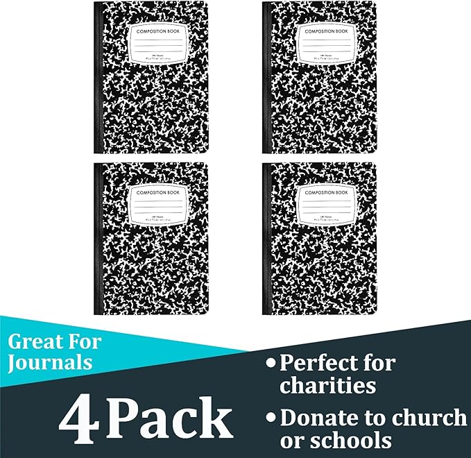 ENVO Composition Notebooks, Wide Ruled Composition Notebook, Black Marble Covers Composition Notebook, 100 sheets (4 Pack, Wide Ruled)