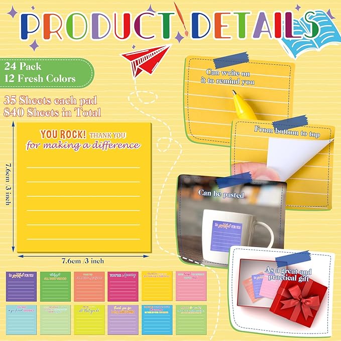 Yinder 48 Pcs Employee Appreciation Sticky Notes New Year Gift Bulk Motivation Sticky Note Pads Inspirational Gift for Teacher Nurse Staff Coworker Office Supply 3 x 3'' (Appreciation,Classic Color)