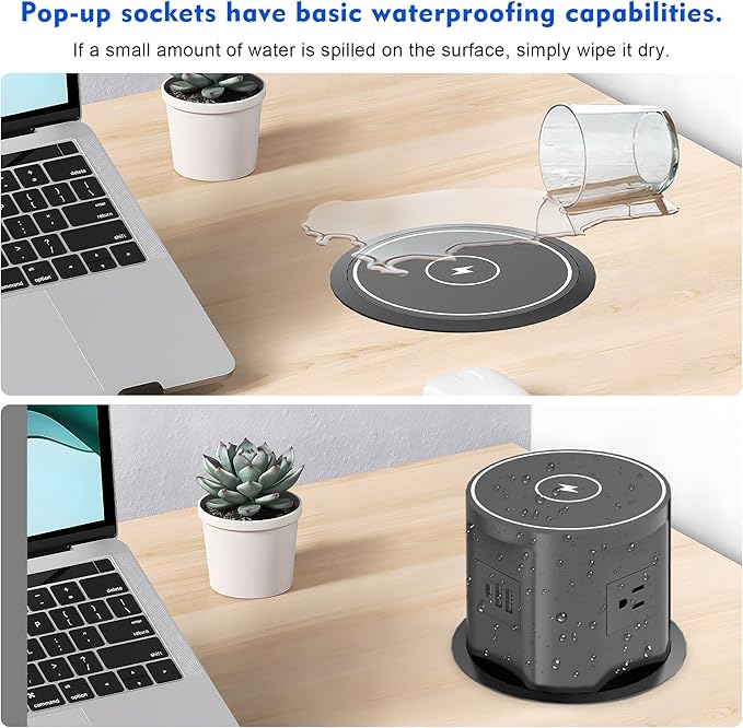 Pop Up Outlet for Countertop with 15w Wireless Charger, 4.7-Inch Pop Up Outlet with 4 Outlets and 2 USB-A, 1 USB-C, Pop Up Power Outlet for Kitchen Countertop, Conference Room, Study Room (Black)