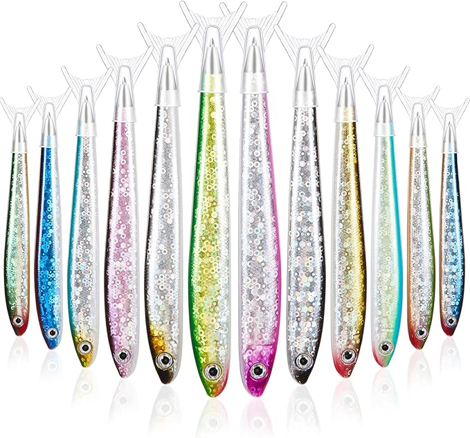 Outus 12 Pieces Fish Pens Fishing Birthday Party Favors Decoration Writing Ballpoint Pens for Office Valentine Day Chinese New Year Gifts (Glittery)