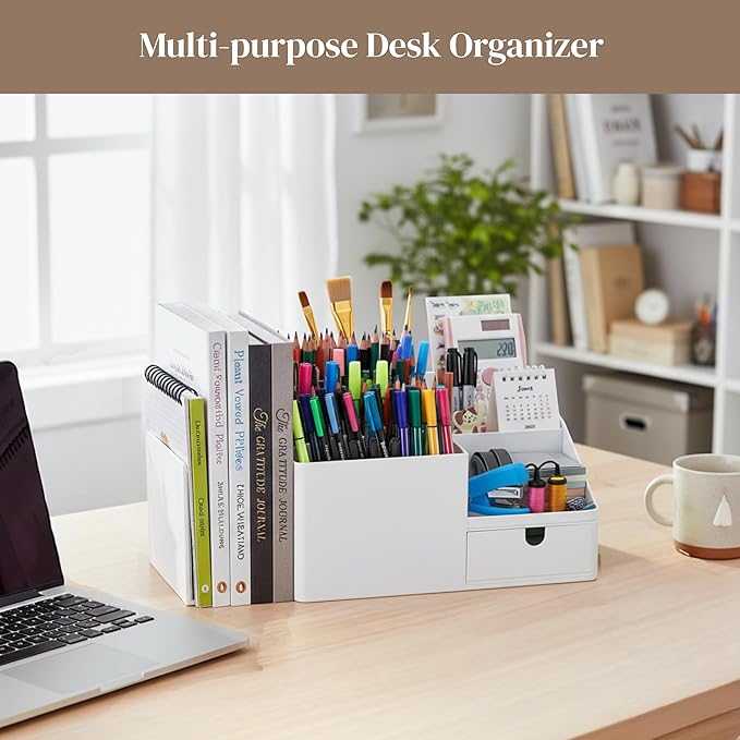 Adjustable Desk Drawer Organizer, Pen Holder, Pencil Holder for desk and Accessories, 5 Compartments, Art Supply Storage Caddy for Desk School Office Supplies