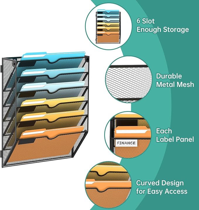 SUPEASY 6-Tier Wall File Organizer Mesh Office Mail Holder, Hanging Wall Organizer Magazine Rack for Office Black