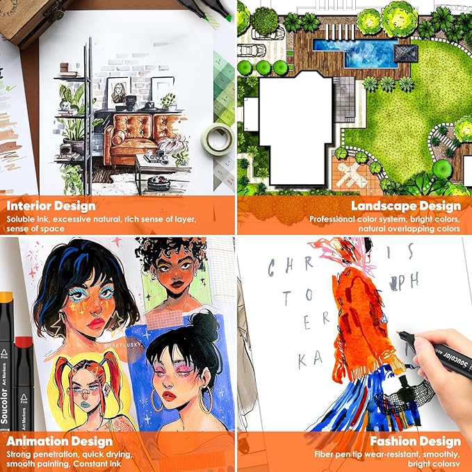 Soucolor Alcohol Markers Set, 60 Colors Dual Tip Art Alcohol Markers for Adults Coloring Drawing Sketching Book Painting Card Making Illustration