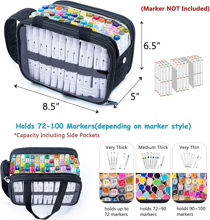 Marker Organizer Case – Holds 72-96Markers | Portable Art Marker Storage Bag with Clear View Panels & Removable Dividers | Marker Holder for Alcohol Markers, Pens, Craft Supplies(Case Only)